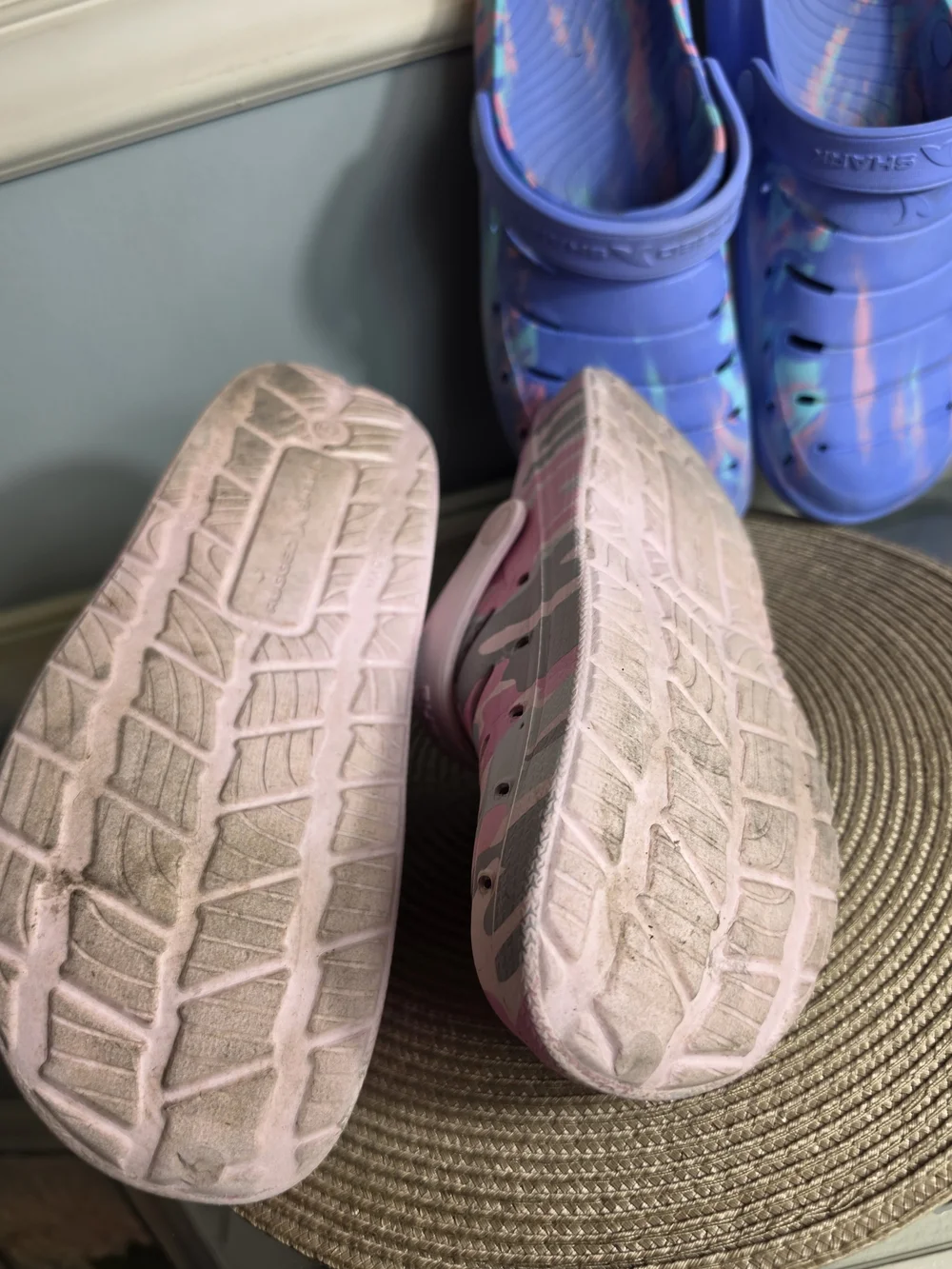 Rugged Shark Camo Pink Clog + Multicolor Swirl Blue Clog Bundle Womens Size 5